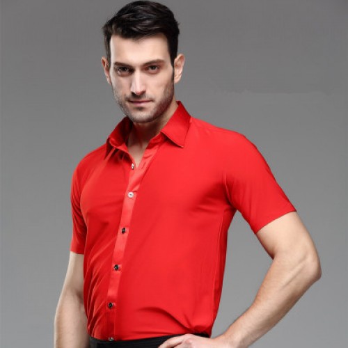 Red short sleeves down collar men's male competition performance ballroom latin dance shirts tops